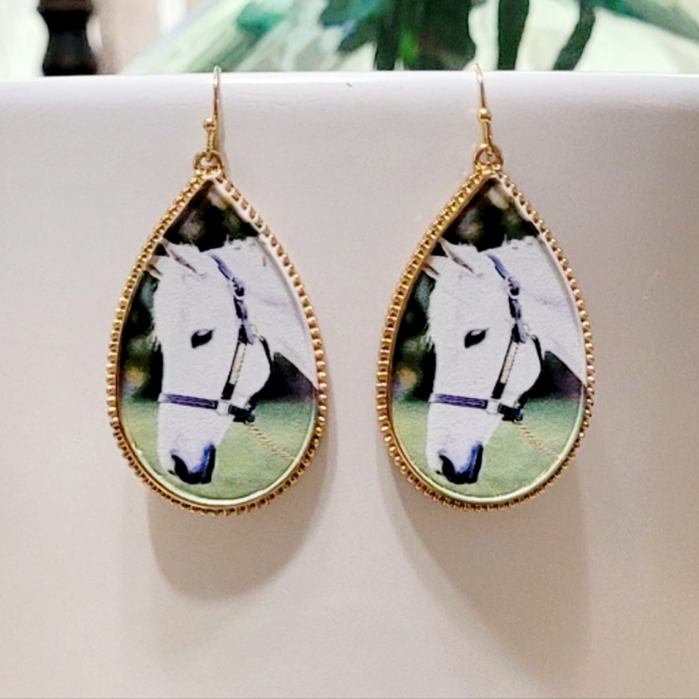 Western Teardrop Horse Print Earrings New